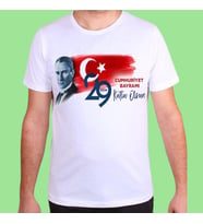 29 Ekim Cumhuriyet Bayramı Özel Atatürk Görselli Tek Taraf Baskılı Tişört (Beyaz)
