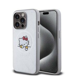 Apple iPhone 15 Pro Uyumlu Kılıf Hello Kitty Orjinal Lisanslı M-safe Şarj Özellikli Baskı Logolu Uyuyan Kitty Deri Kapak (Gümüş)