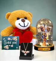 Kişiye Özel Premium Set Led Işıklı Fanus & Renkli Anka Kuşu Kolye & Kalpli Peluş Ayıcık (Model 9)