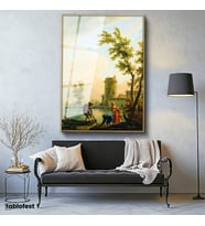 Altın Renk Metal Çerçeveli Tamperli Cam Tablo C.J. Vernet Balıkçılar Kıyı Kulesi Deniz Kenarı Ressam Tablosu Dekoru