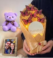 Size Özel Fotoğraflı Led Işıklı Aynalı Kelebek Buketi & Mor Ayıcıklı (Pembe)