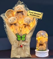 Size Özel Led Işıklı Peluş Ayıcık Buketi ve Led Işıklı Biblolu Fanus Hediye Seti (Model 6)