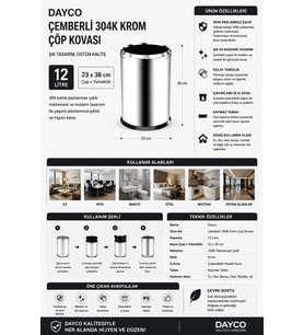 Çemberli 304K Krom Çöp Kovası 12 L 23x36 cm