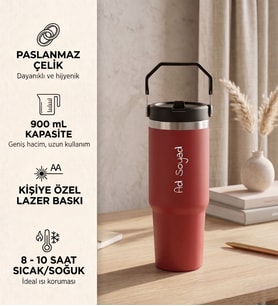 Kişiye Özel Hediyelik Pipetli Büyük Çelik Termos 900 mL. Kırmızı