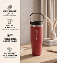 Kişiye Özel Hediyelik Pipetli Büyük Çelik Termos 900 mL. Kırmızı