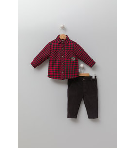 Babyhola Peluş Astarlı Ceket Kadife Pantolon Erkek Çocuk 2'li Takım 13480 (Kahverengi)