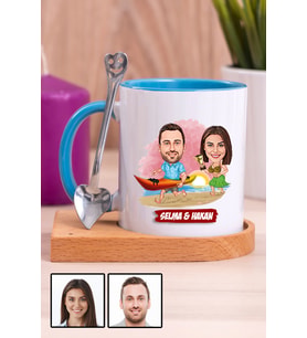 Sevgiliye Hediye Yaz Temalı Karikatürlü Ahşap Altlıklı Mavi Kupa Bardak