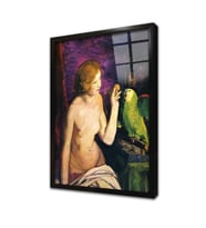 Nude Girl And Parrot Çerçeveli Cam Tablo