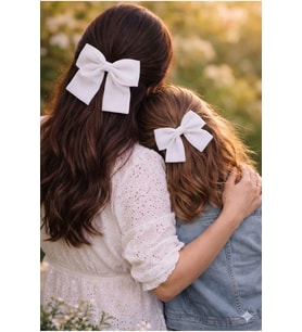 Anne Kız Kombinli Beyaz Fiyonk Saç Tokası Seti – 2’li (14 cm + 17 cm)