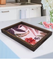 BK Gift Çiçekler Tasarımlı Doğal Ahşap Tepsi-3