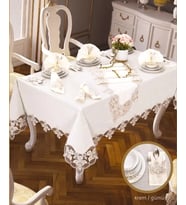 Krem-Gümüş Karanfil Gardenya Keten 26 Parça Modern Sofra Takımı Supla Runner