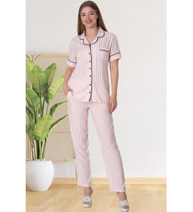 Mecit 5150 Bayan Pembe Çizgili Boydan Düğmeli Pijama Takımı