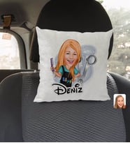 BK Gift Kişiye Özel İsimli Kadın Kuaför Karikatürlü Kare Araç Koltuk Yastığı-1