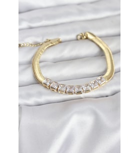 316L Çelik Gold Renk Kare Zirkon Taşlı Yılan Zincirli Kadın Bileklik 5886 - SSSSSS2654-1674