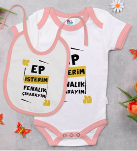 BK Kids Ep İsterim Tasarımlı Pembe Bebek Body Zıbın ve Mama Önlüğü Hediye Seti-1