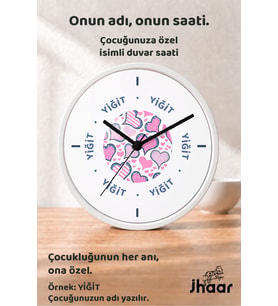 İsme Özel Pembe Kalpli Desenli Çocuk Odası Duvar Saati Orta Boy 30 cm Beyaz Camlı Sessiz