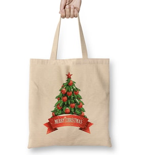 Yılbaşı Yeni Yıl Konseptli Merry Christmas Tree 01 Bez Çanta Uzun Saplı