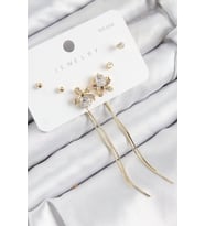 pilelistore Pirinç Zirkon Taşlı Sallantılı Fiyonk Model Gold Renk 925 Ayar Gümüş Çivi Kadın Küpe Set