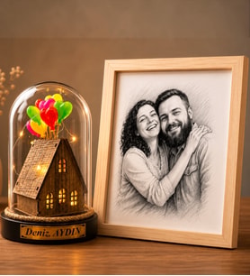 Kişiye Özel Karakalem Fotoğraflı Ahşap Çerçeve ve Led Işıklı Balonlu Ahşap Ev Fanus Hediye Seti