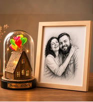 Kişiye Özel Karakalem Fotoğraflı Ahşap Çerçeve ve Led Işıklı Balonlu Ahşap Ev Fanus Hediye Seti