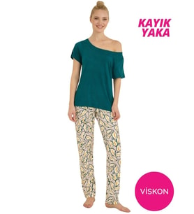 Seamlife Kadın Düğmesiz Kayık Yaka Viskon Kısa Kol Pijama Takımı-Düşük Omuz Kısa Kol Ev Giyim Homewear (Yeşil)