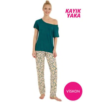 Seamlife Kadın Düğmesiz Kayık Yaka Viskon Kısa Kol Pijama Takımı-Düşük Omuz Kısa Kol Ev Giyim Homewear (Yeşil)