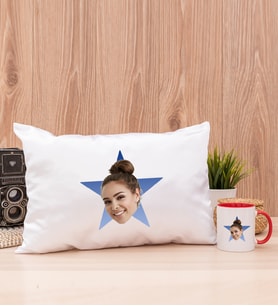 Kişiye Özel Mavi Yıldız Kafa Fotoğraflı Dikdörtgen Yastık ve Kırmızı Kupa