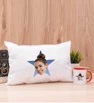 Kişiye Özel Mavi Yıldız Kafa Fotoğraflı Dikdörtgen Yastık ve Kırmızı Kupa