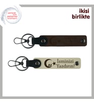 Askere Hatıra – Çocuk Ve Ayyıldız Kişiye Özel 2’li Deri Anahtarlık Takımı, Koyu Kahve-S Kahve