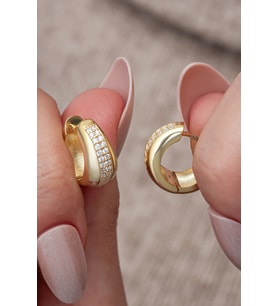 925 Ayar Gümüş Gold Kaplama Zirkon Taşlı Tombul Halka Küpe