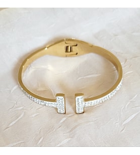 Beyaz Taşlı Geçirmeli Çelik Gold Cartier Model Bilekli