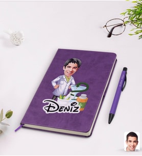 BK Gift Kişiye Özel Erkek Eczacı Karikatürlü Mor Termo Deri Defter Kalem Seti Model 2