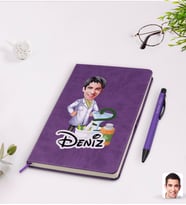 BK Gift Kişiye Özel Erkek Eczacı Karikatürlü Mor Termo Deri Defter Kalem Seti Model 2