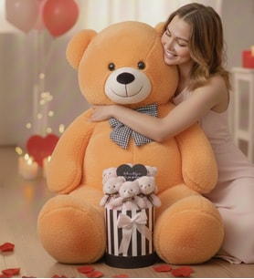 Sevgililer Günü Hediyesi 90 Cm Peluş Ayı + Aynalı Mesajlı Silindir Ayıcık Buketi  Romantik Sevgiliye Kıza Özel Set (Kahverengi Açık)