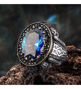 925 Ayar Gümüş Mavi Topaz Taşlı Kubbe Tasarımlı Erkek Yüzük