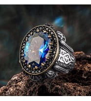 925 Ayar Gümüş Mavi Topaz Taşlı Kubbe Tasarımlı Erkek Yüzük