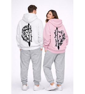 Stronger Together Yazılı Aslan Kaplan Baskılı Beyaz Sevgili Kombini Oversize Hoodie (Pembe)