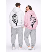 Stronger Together Yazılı Aslan Kaplan Baskılı Beyaz Sevgili Kombini Oversize Hoodie (Pembe)
