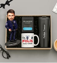 Kişiye Özel Fotoğraflı Polis Tasarımlı Biblo,Beyaz Kupa,Kahve Ve Termos Hediye Seti (STD)