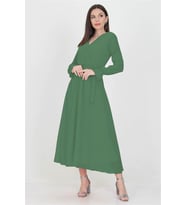 Neşeli butik kadın kruvaze yaka zümrüt yeşili uzun şifon elbise KTS003