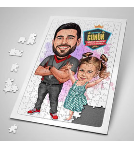 Futbol Sever Baba ve Kızı Karikatürlü Puzzle