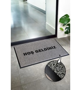 Hoş Geldiniz Baskılı Kenarlıklı Kıvırcık Paspas Ev İş Yeri ve Ofis Paspası (Gri)