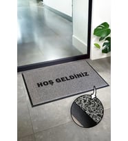Hoş Geldiniz Baskılı Kenarlıklı Kıvırcık Paspas Ev İş Yeri ve Ofis Paspası (Gri)