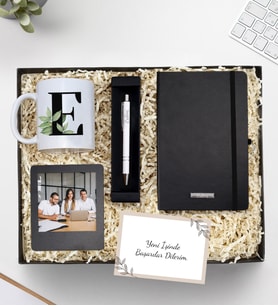 Kişiye Özel Siyah Defter & Gümüş Renk Detaylı Beyaz Tükenmez Kalem & Harf Kupa & Siyah İnstagram Çerçeve Hediye Seti