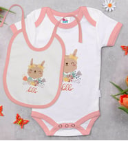 BK Kids Hello Tasarımlı Pembe Bebek Body Zıbın ve Mama Önlüğü Hediye Seti-1