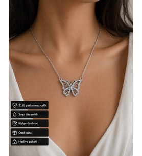 Butterfly Kadın Kolye Paslanmaz Çelik Parlak Taşlı Şık Hediye Kolyesi