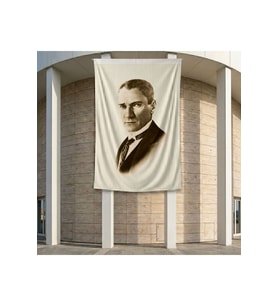 Kravatlı Takım Elbiseli Gazi Mustafa Kemal Atatürk Poster Bayrak Premium Raşel Kumaş ATA31 2x3m