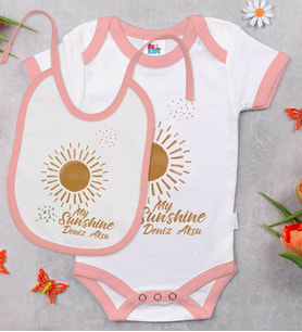 BK Kids Kişiye Özel My Sunshine Tasarımlı Pembe Bebek Body Zıbın ve Mama Önlüğü Hediye Seti