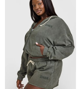 ONER ACTIVE Washed Khaki Crop Kapüşonlu Sweatshirt