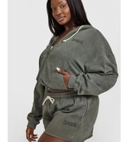 ONER ACTIVE Washed Khaki Crop Kapüşonlu Sweatshirt
